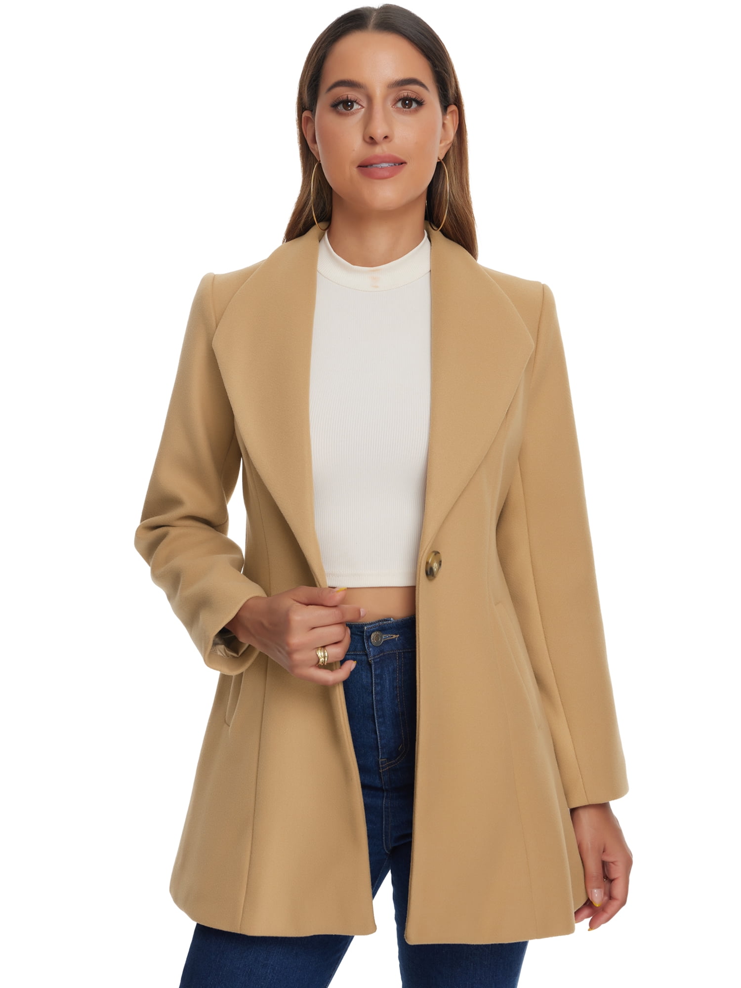 DARING DIVA Women's Turn Down Collar Buttoned Casual Mid-Long Winter Coat Khaki 3XL