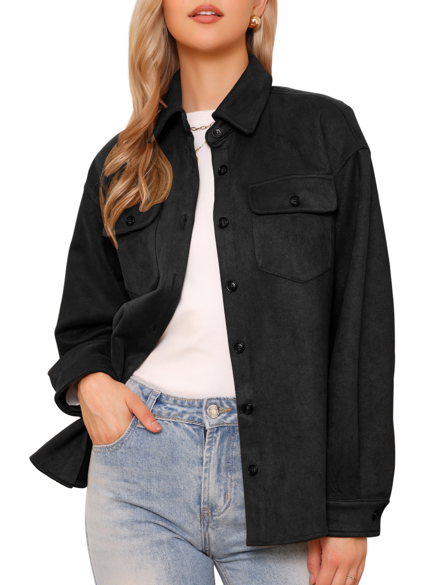 DARING DIVA Women's Turn-Down Collar Long Sleeve Button Down Jacket XS Black