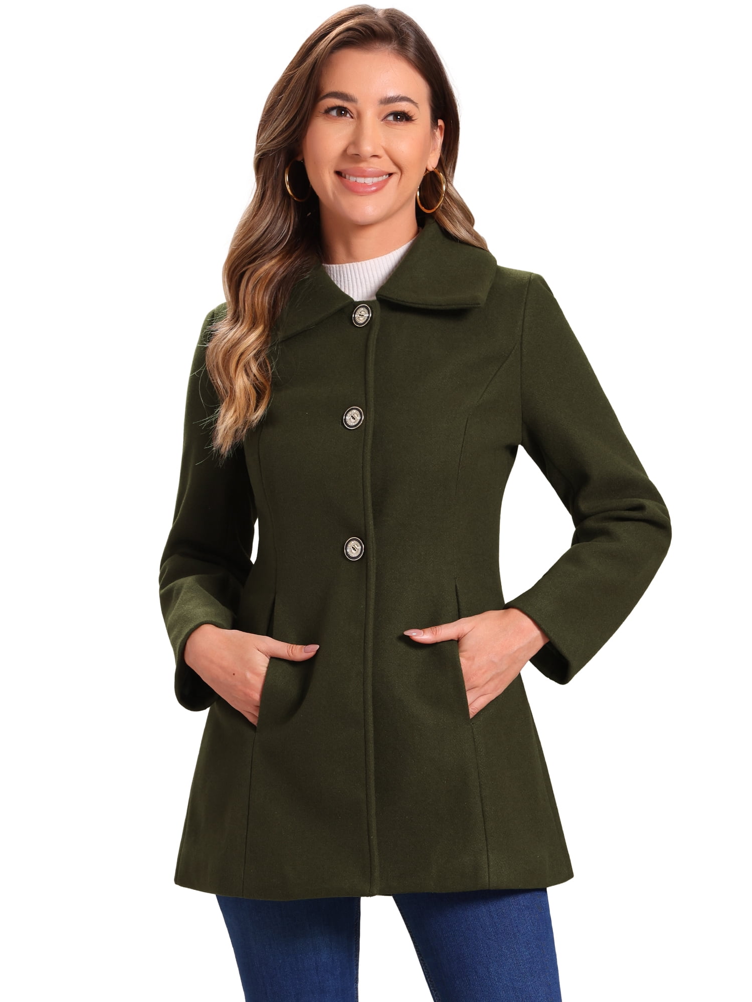 DARING DIVA Women's Turn-Down Collar Pockets Outwear Winter Coat M Army Green