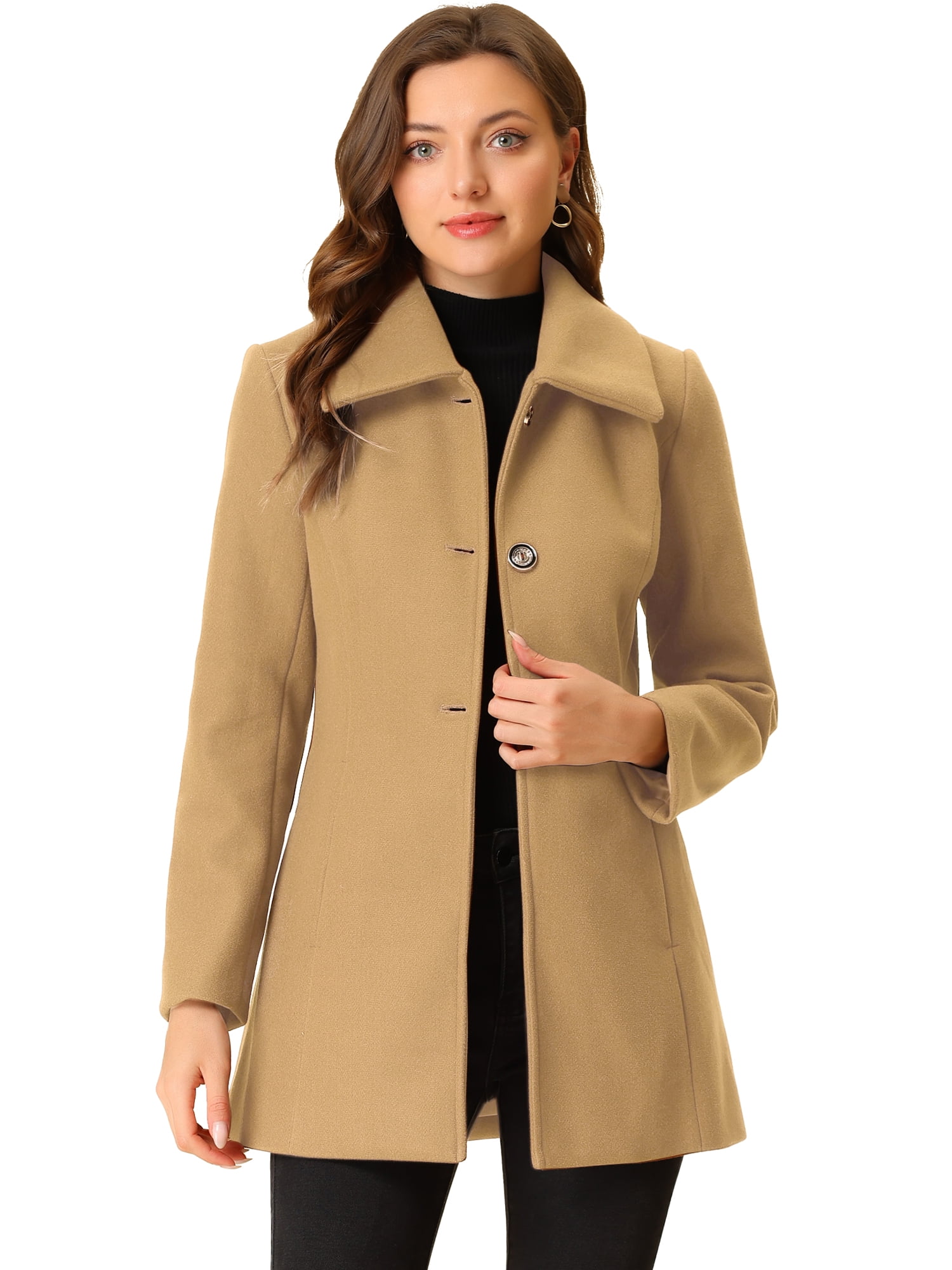 DARING DIVA Women's Turn-Down Collar Pockets Outwear Winter Coat M Khaki