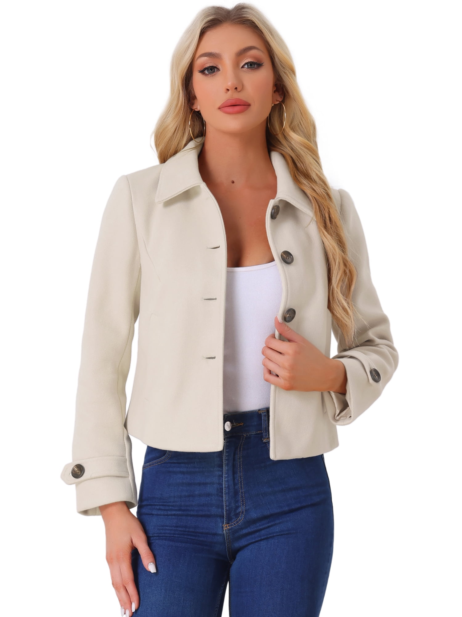 DARING DIVA Women's Turn Down Collar Single Breasted Outwear Winter Pea Coat Beige M