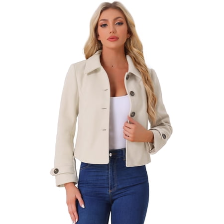 DARING DIVA Women's Crop Pea Coat Turn Down Single Breasted Winter Outwear M Beige