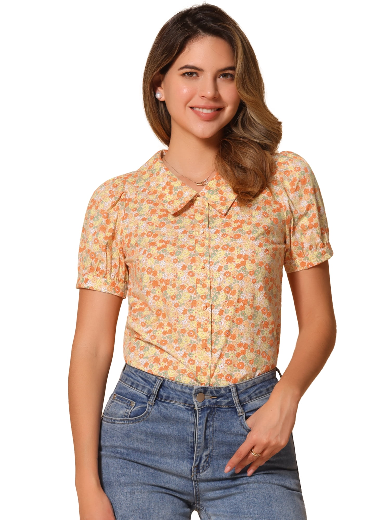 DARING DIVA Women's Turndown Collar Button Down Floral Blouse L Orange