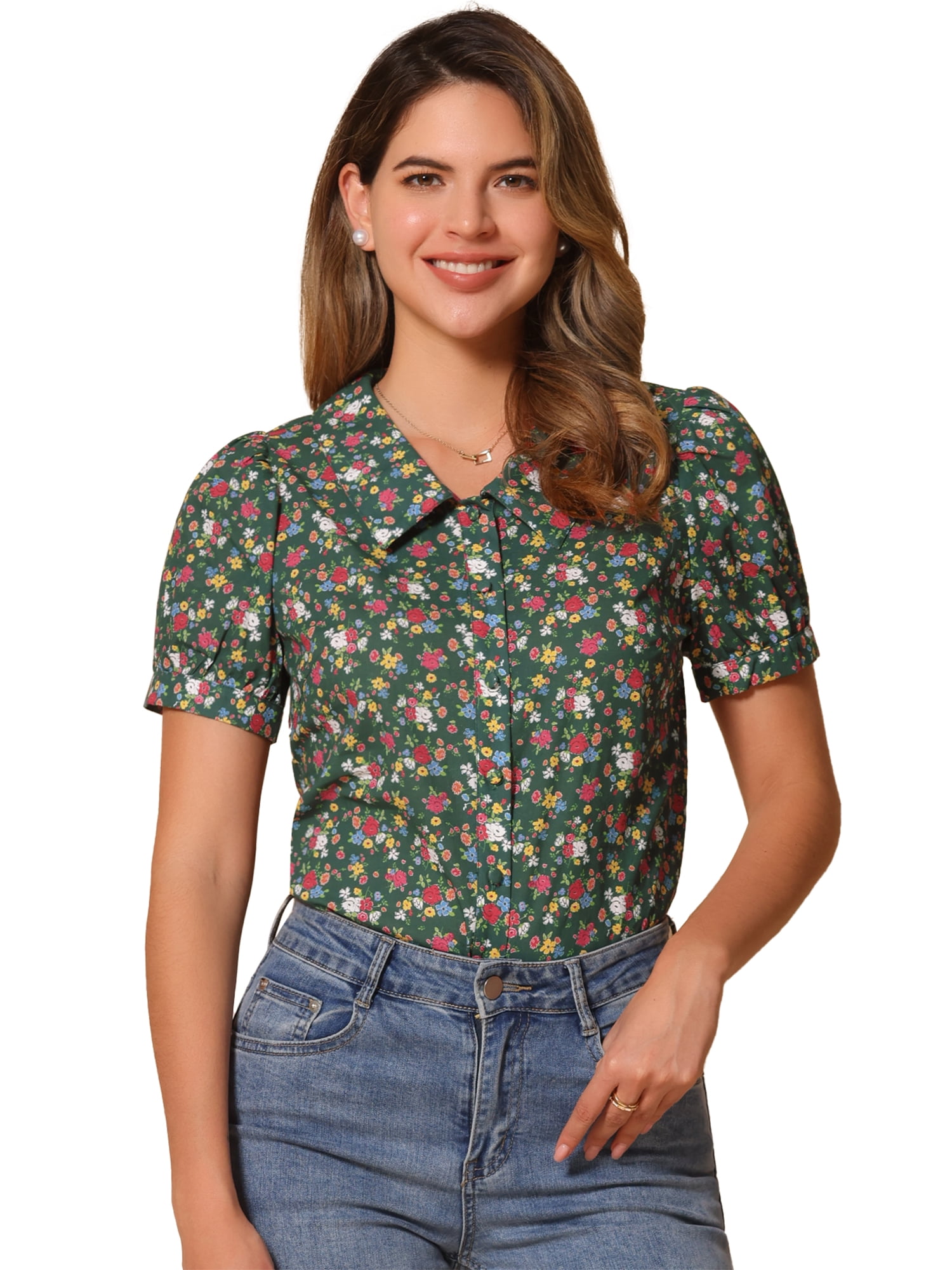 DARING DIVA Women's Turndown Collar Button Down Floral Blouse XS Army Green