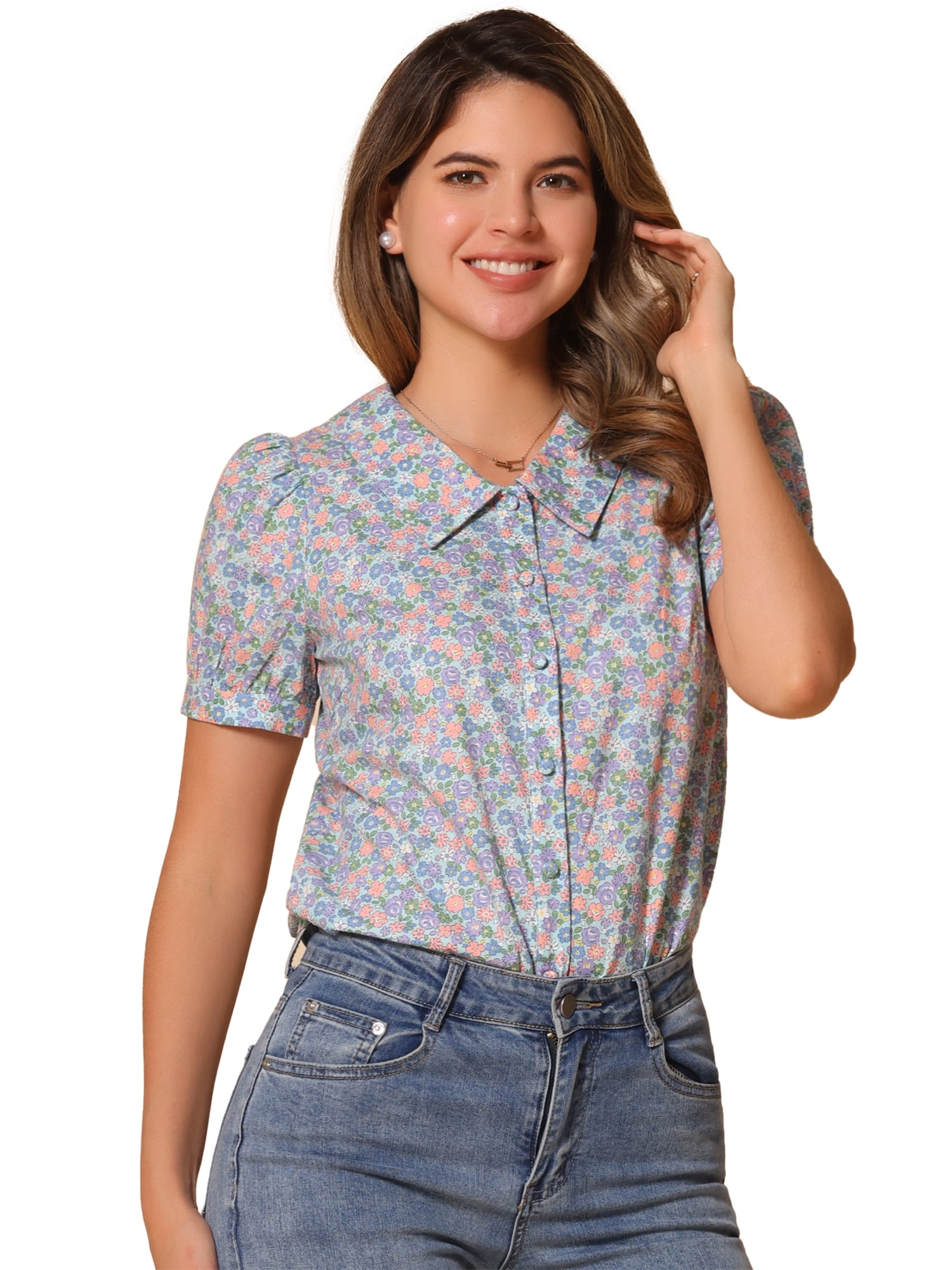 DARING DIVA Women's Turndown Collar Button Down Floral Blouse XS Light Blue