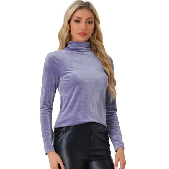 DARING DIVA Women's Turtleneck Long Sleeve Stretchy Velvet Blouses L Blue Purple