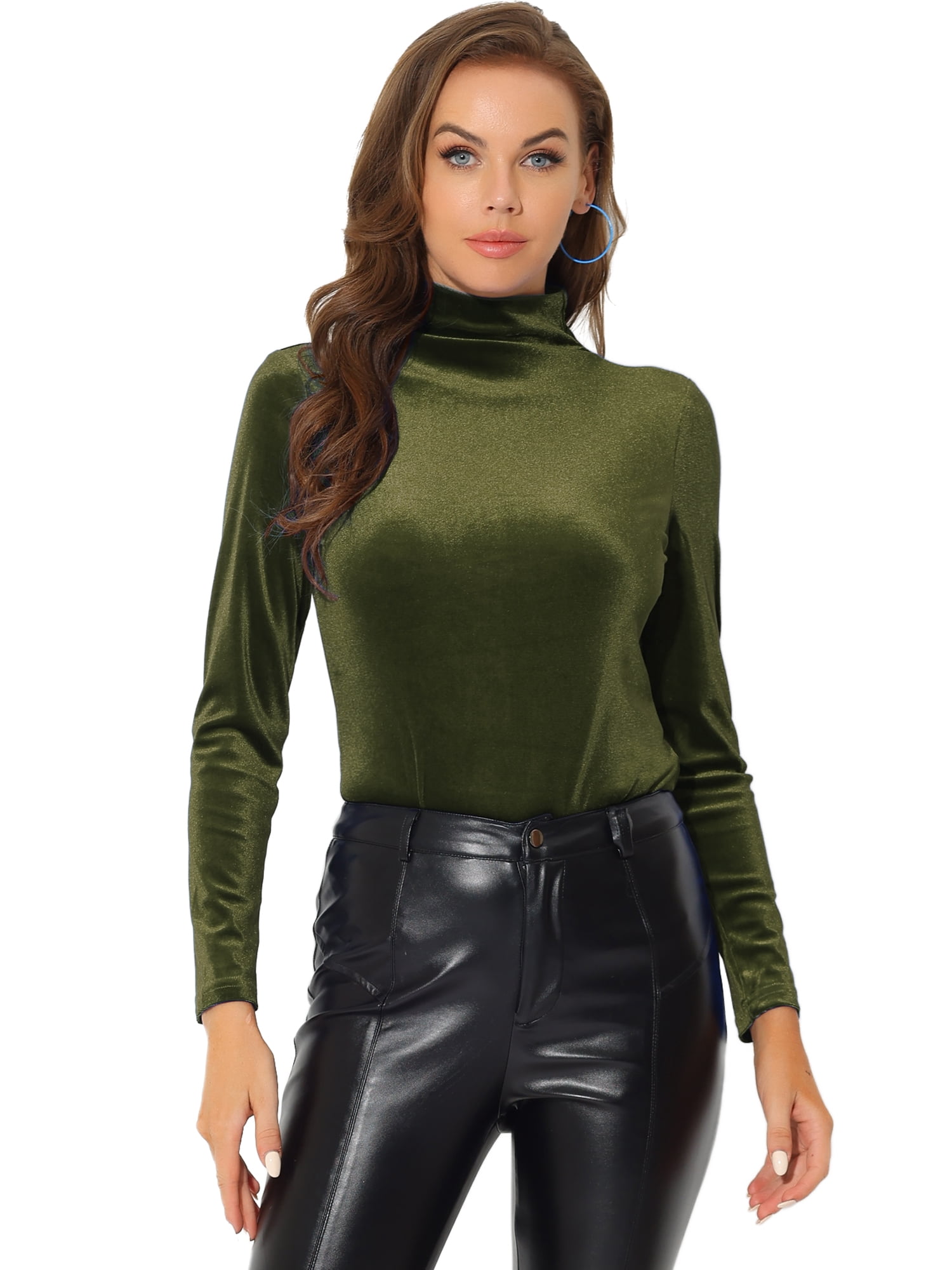 DARING DIVA Women's Turtleneck Long Sleeve Stretchy Velvet Blouses M Olive Green