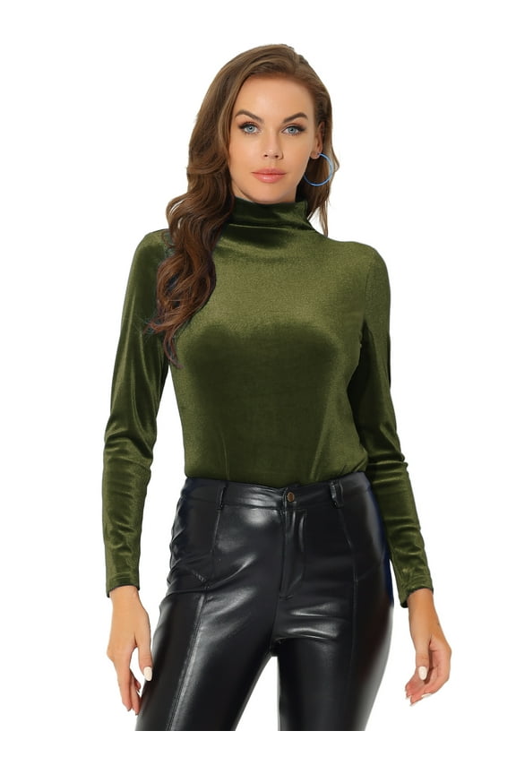 Women's Turtleneck Long Sleeve Stretchy Velvet Blouses M Olive Green