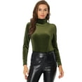 thumbnail image 1 of DARING DIVA Women's Turtleneck Long Sleeve Stretchy Velvet Blouses S Olive Green, 1 of 6