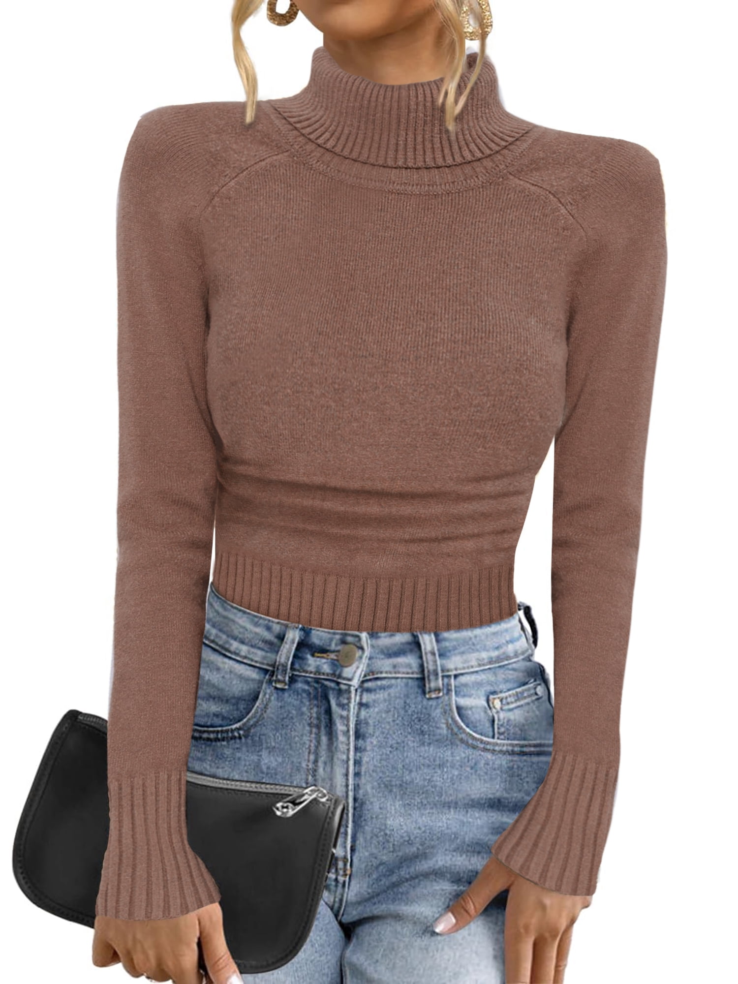 DARING DIVA Women's Turtleneck Sweater Spring Long Sleeve Ribbed Knit L Brown