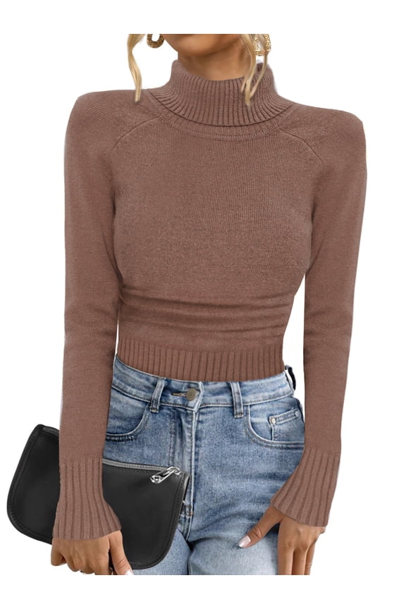 Women's Turtleneck Sweater Spring Long Sleeve Ribbed Knit XL Brown