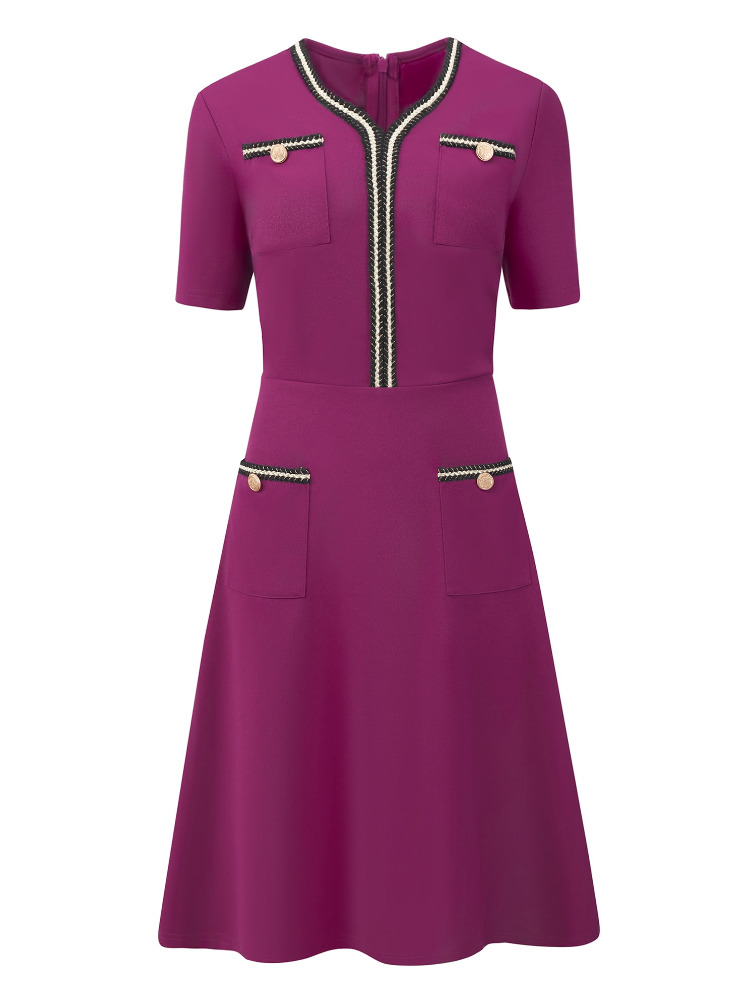 DARING DIVA Women's Tweed A-Line V Neck Short Sleeve Dress with Pockets 2XL Purple Red