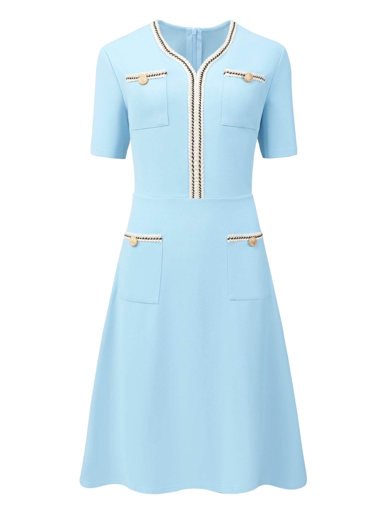 DARING DIVA Women's Tweed A-Line V Neck Short Sleeve Dress with Pockets L Blue