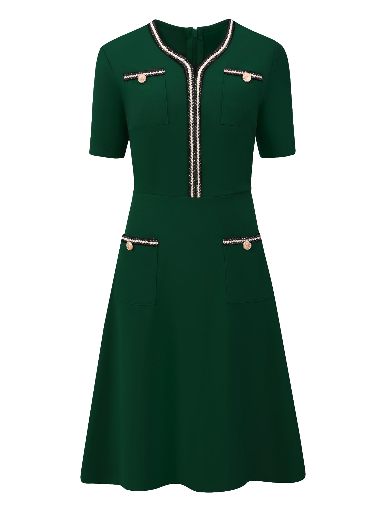DARING DIVA Women's Tweed A-Line V Neck Short Sleeve Dress with Pockets M Dark Green