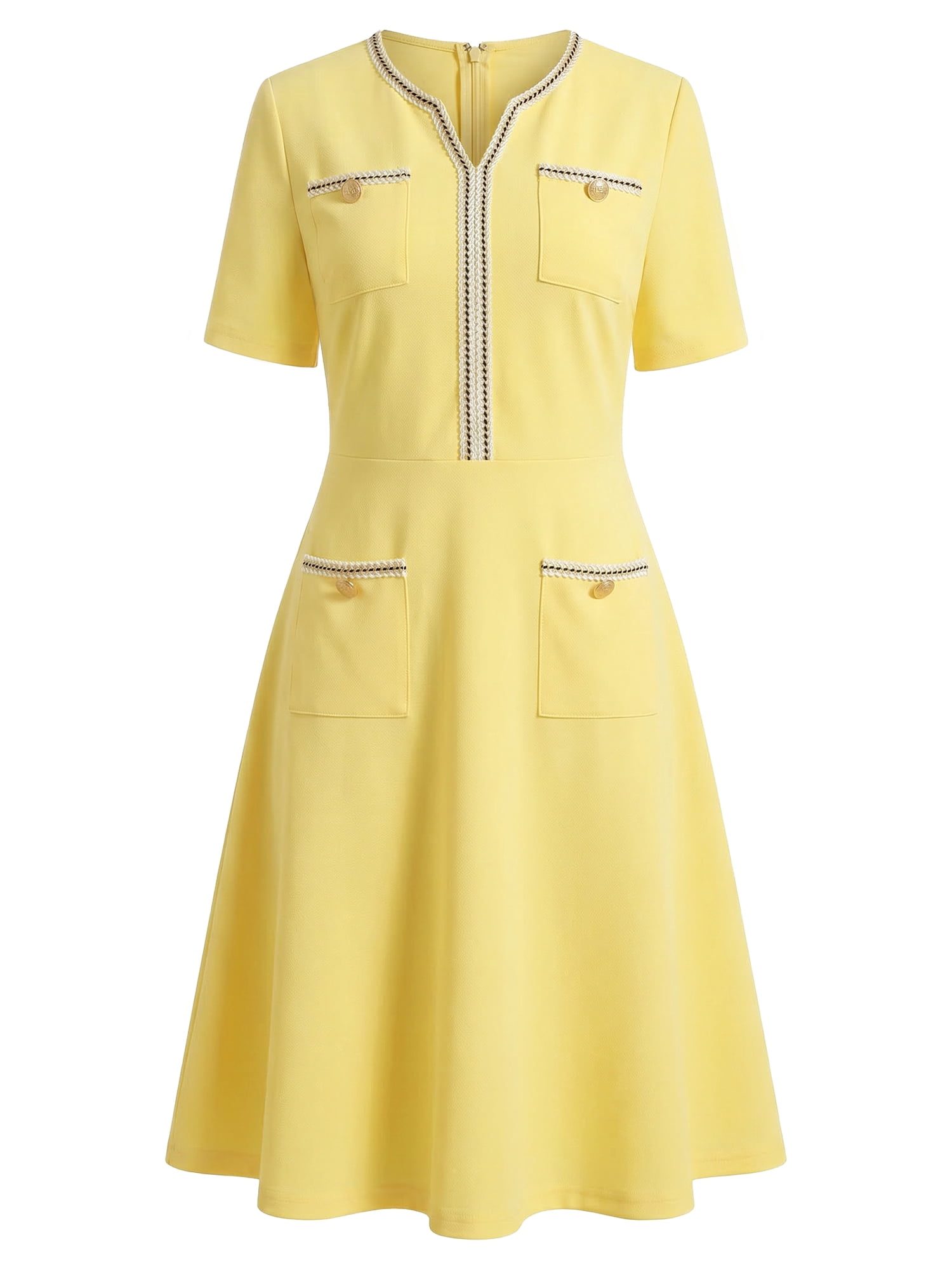 DARING DIVA Women's Tweed A-Line V Neck Short Sleeve Dress with Pockets S Light Yellow