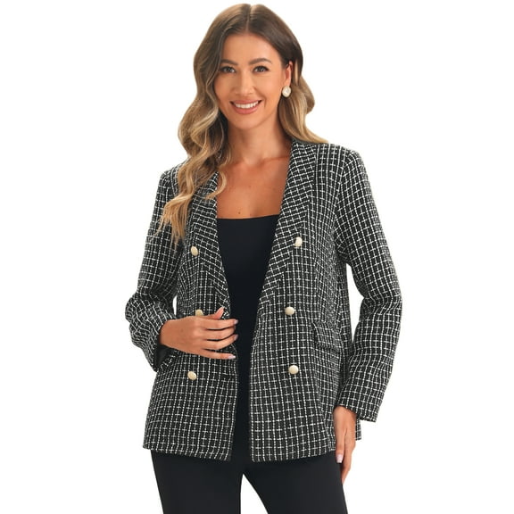 DARING DIVA Women's Tweed Blazer Button Front Plaids Jacket Coat XS Black