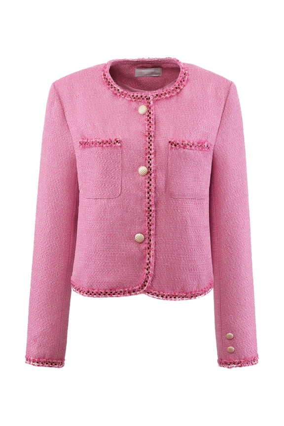 Women's Tweed Blazer Long Sleeve Open Front Cropped Jacket 2XL Pink