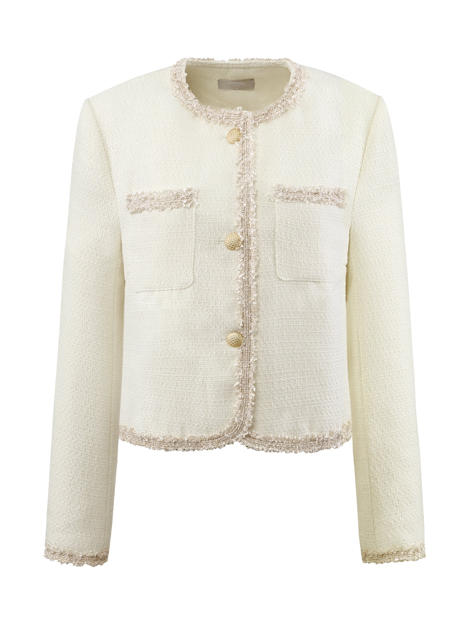 DARING DIVA Women's Tweed Blazer Long Sleeve Open Front Cropped Jacket M Beige