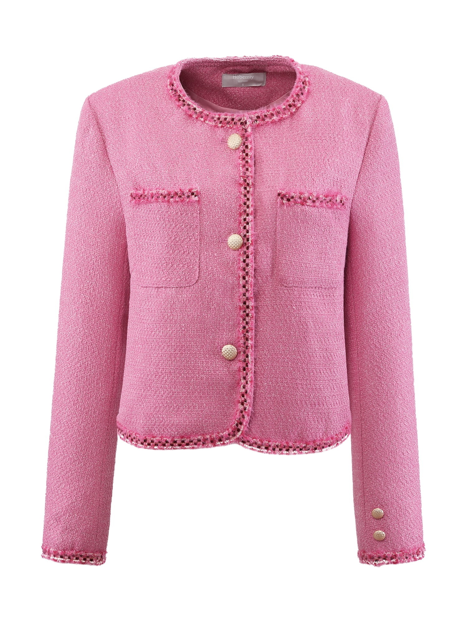 DARING DIVA Women's Tweed Blazer Long Sleeve Open Front Cropped Jacket M Pink