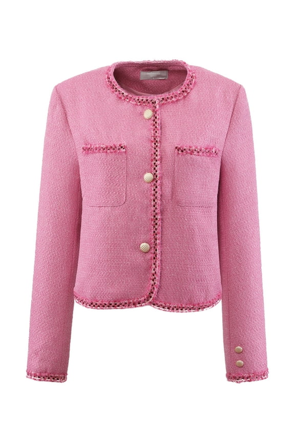 Women's Tweed Blazer Long Sleeve Open Front Cropped Jacket S Pink