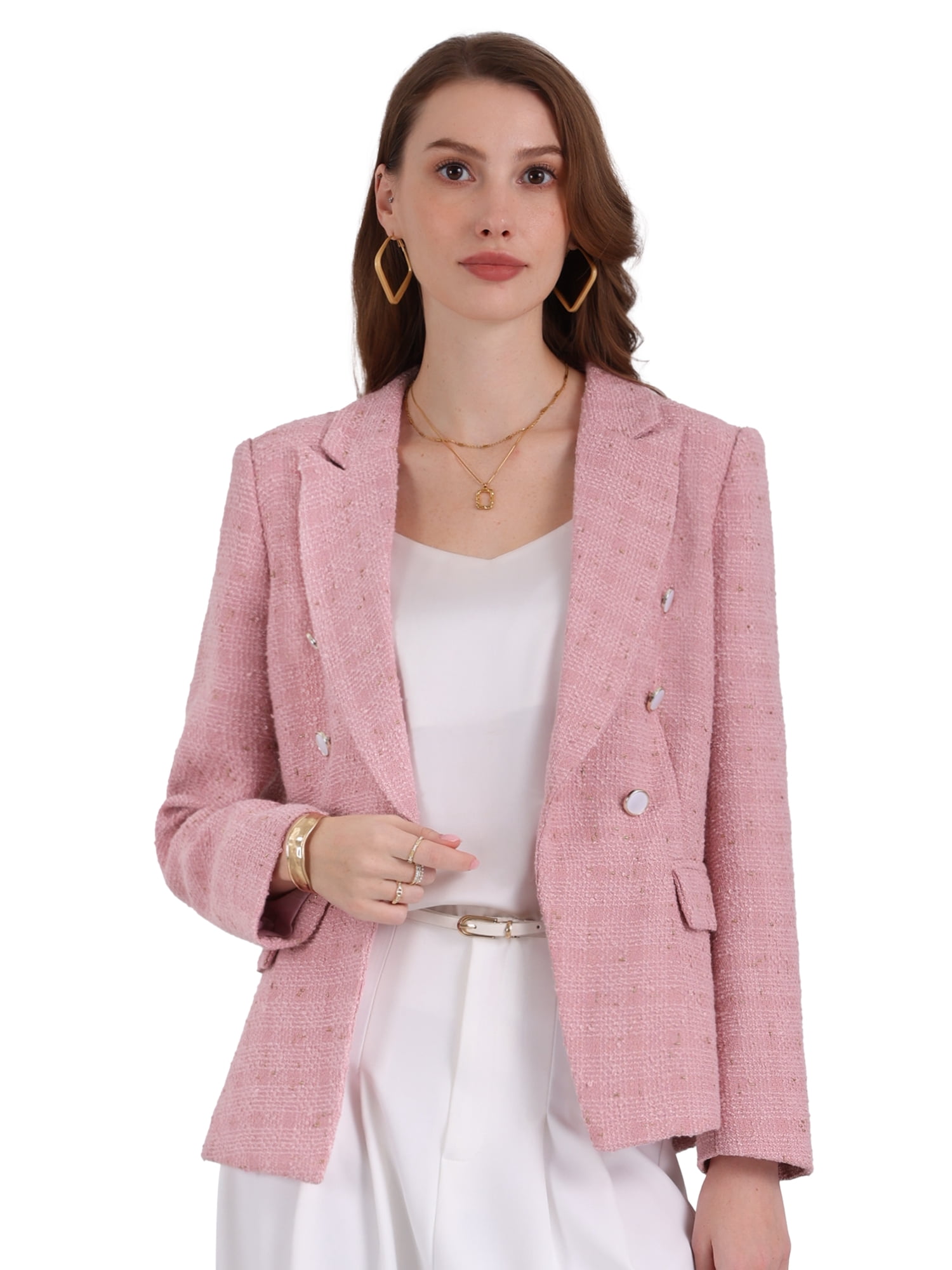 DARING DIVA Women's Tweed Blazer Notched Lapel Double Breasted Suit Jacket 2XL Pink