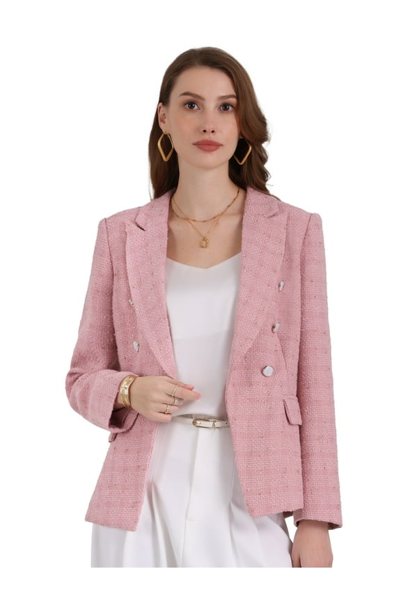 Women's Tweed Blazer Notched Lapel Double Breasted Suit Jacket 2XL Pink