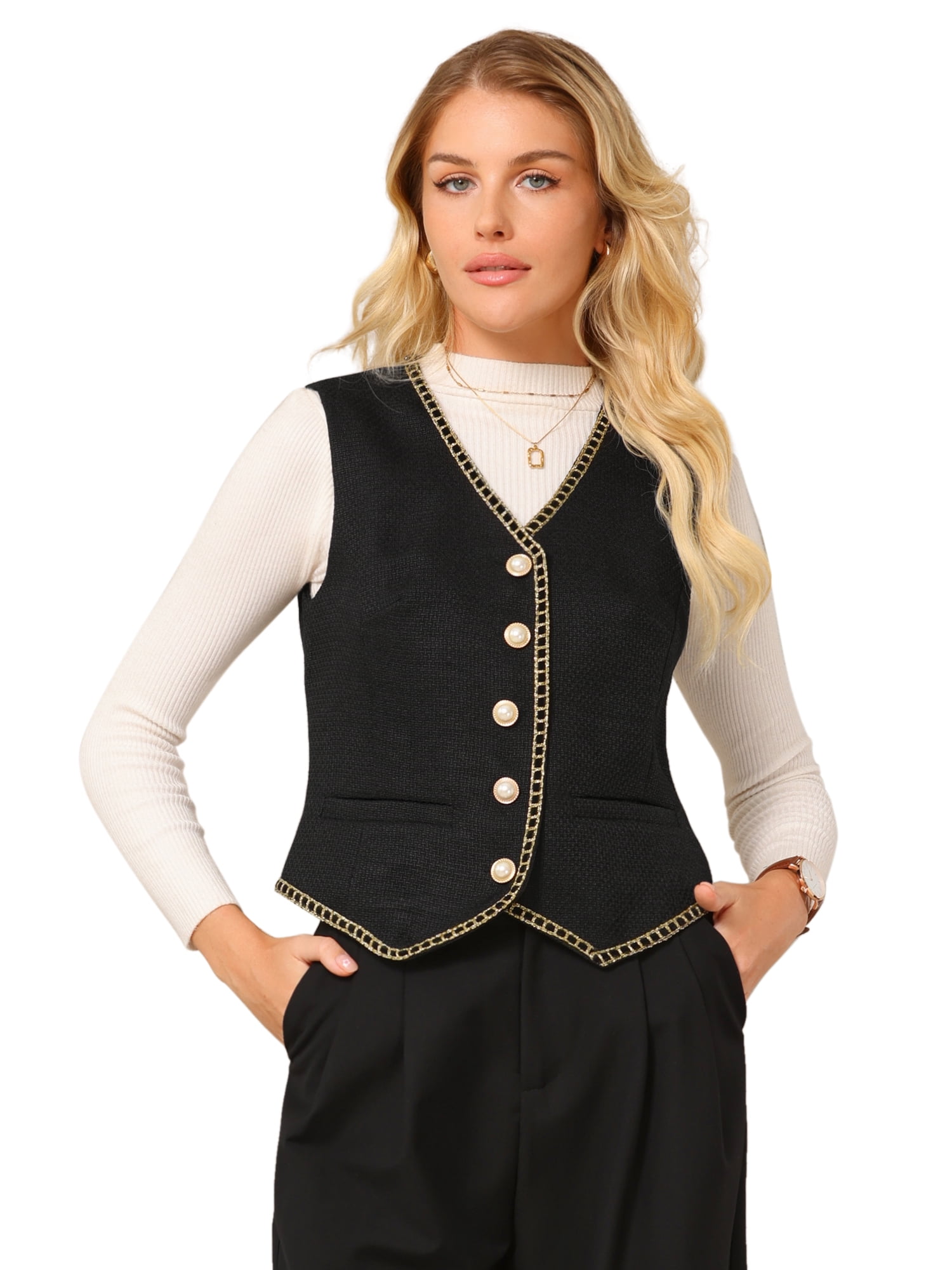 DARING DIVA Women's Tweed Blazer Vest V Neck Casual Business Waistcoat L Black