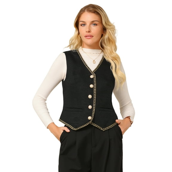 DARING DIVA Women's Tweed Blazer Vest V Neck Casual Business Waistcoat L Black