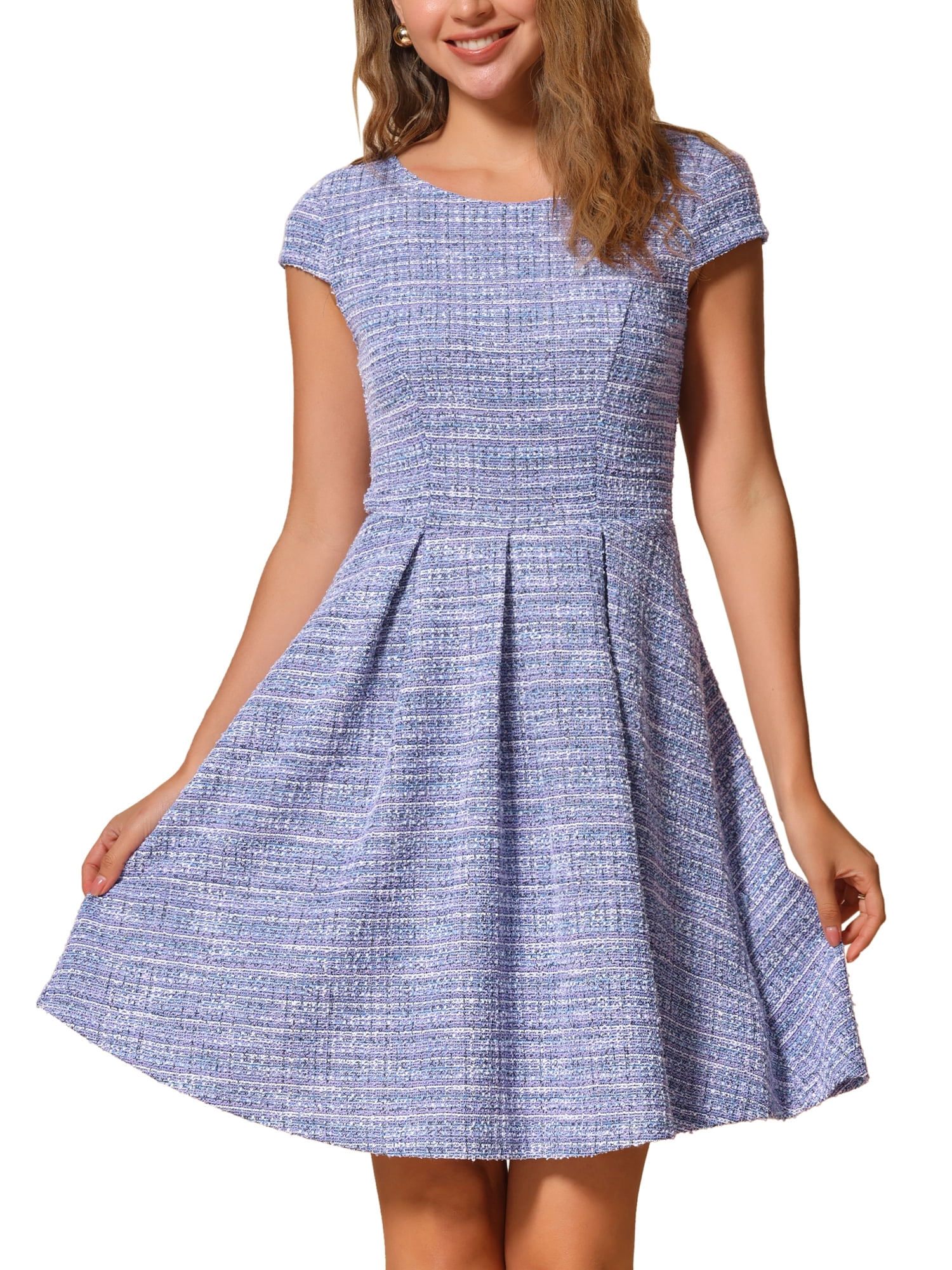 DARING DIVA Women's Tweed Cap Sleeve A Line Vintage Pleated Dresses L Blue Purple