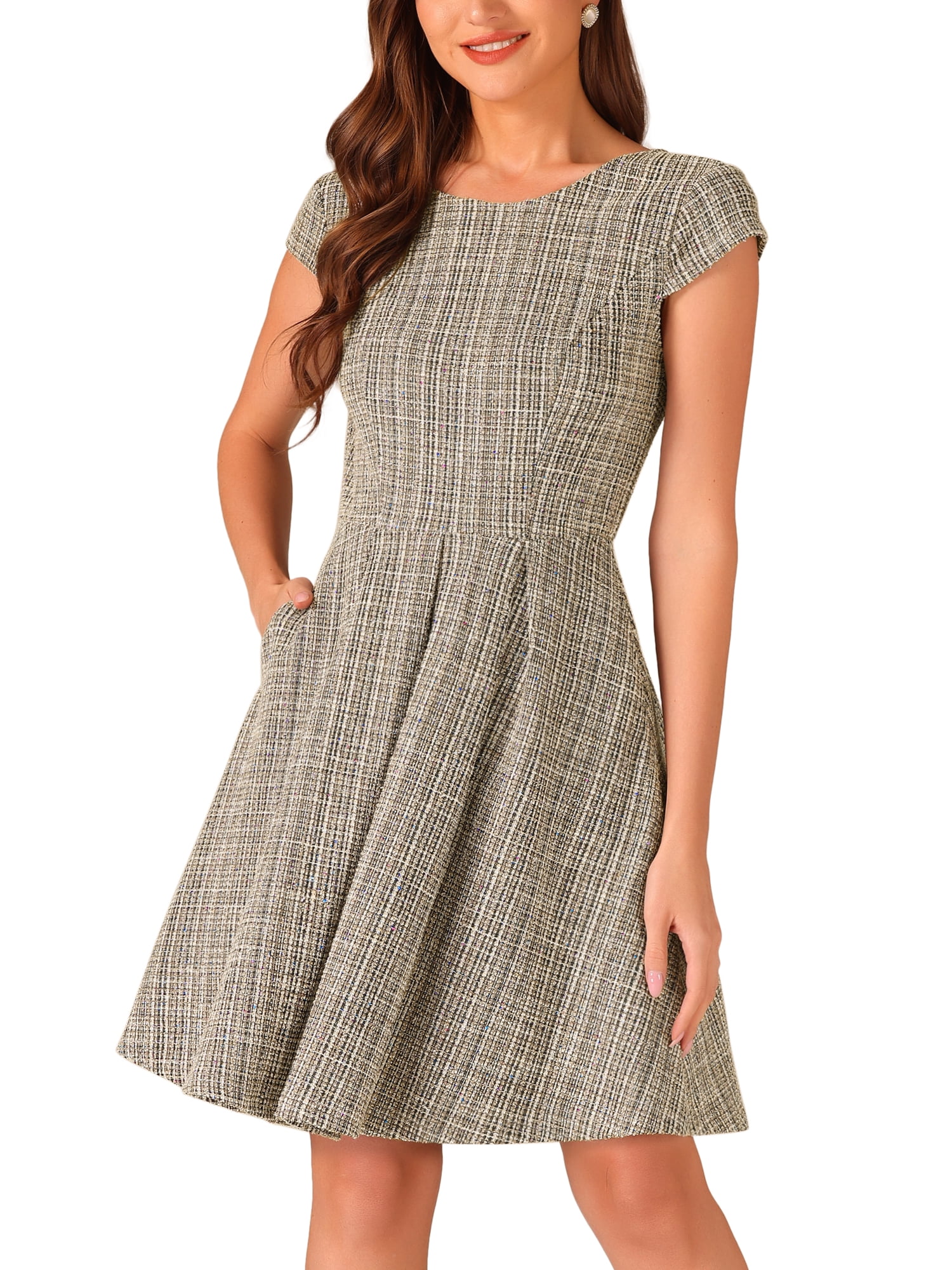 DARING DIVA Women's Tweed Cap Sleeve A Line Vintage Pleated Dresses M Black Brown