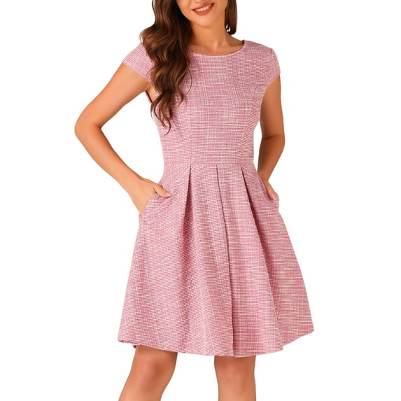 DARING DIVA Women's Tweed Cap Sleeve A Line Vintage Pleated Dresses M White Pink