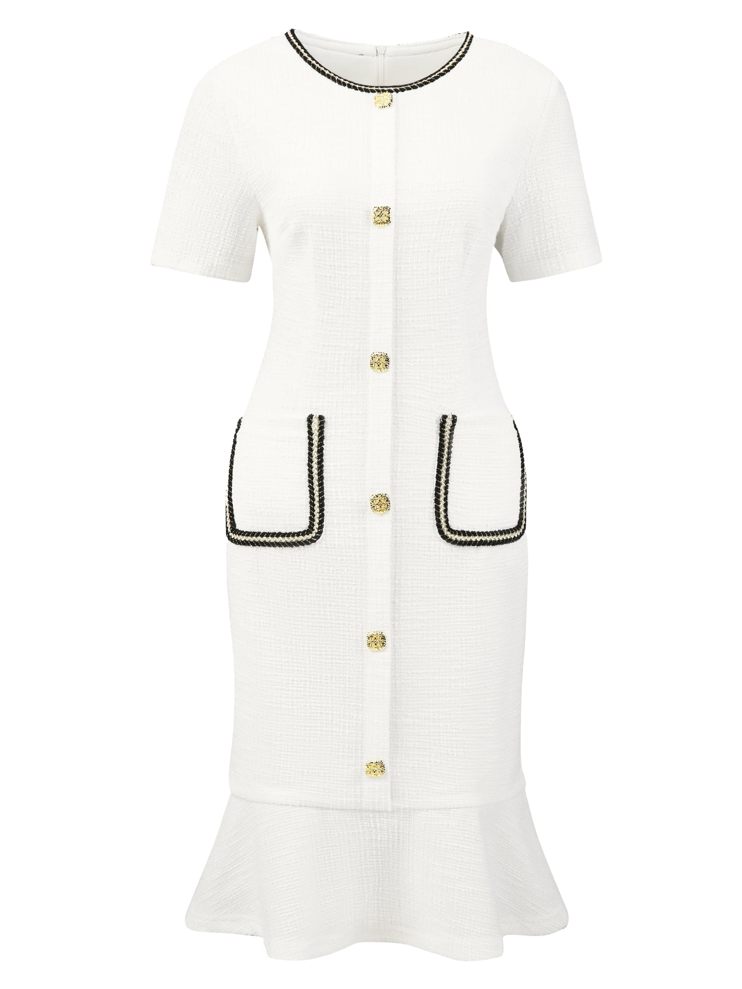 DARING DIVA Women's Tweed Dress Short Sleeve Cocktail Bodycon Fishtail Dresses L White