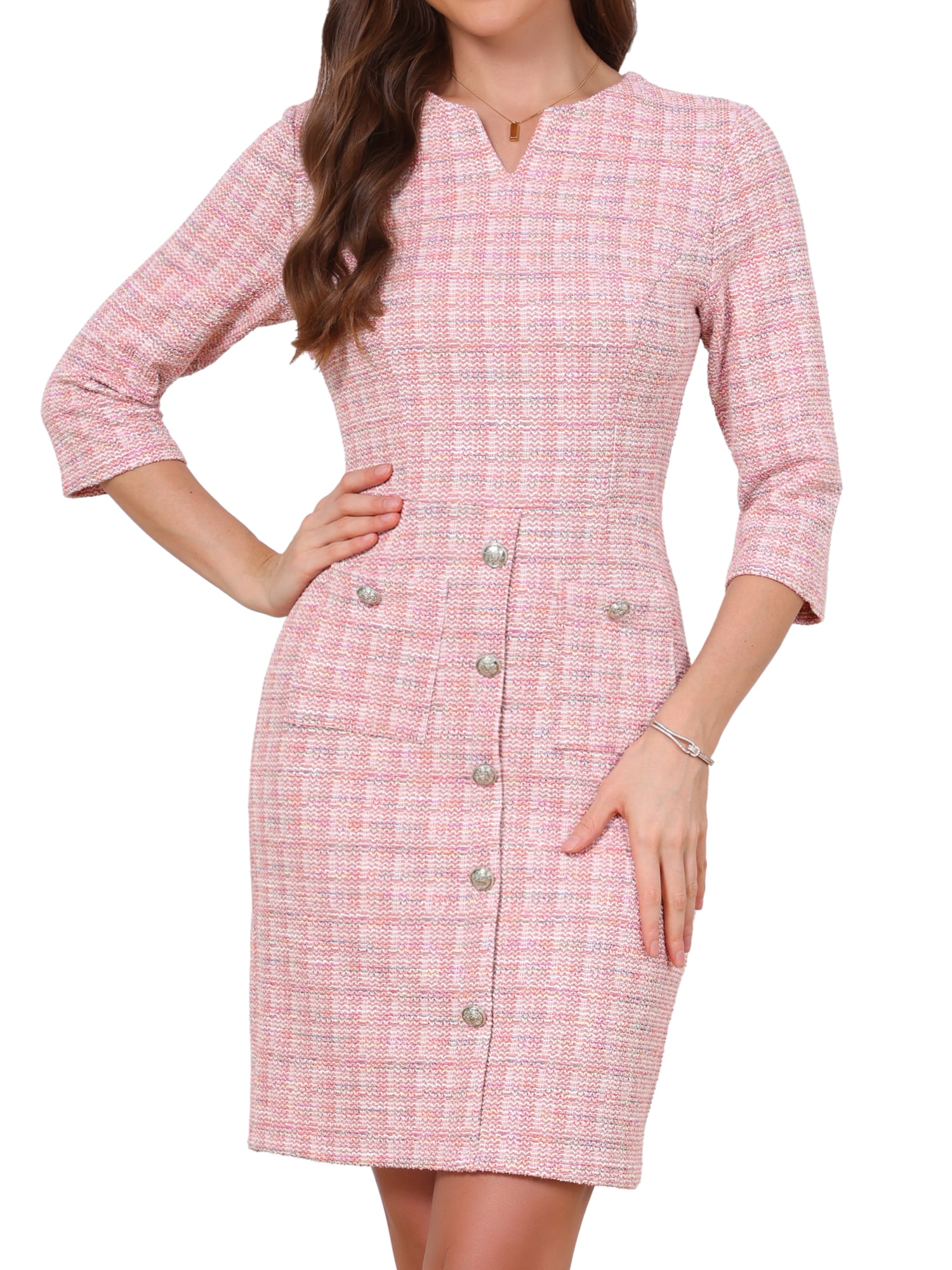 DARING DIVA Women's Tweed Dress Vintage 3/4 Sleeve Business Crew Neck Sheath Dress L Pink