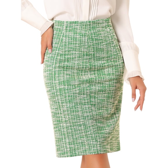 DARING DIVA Women's Tweed High Waist Plaid Pencil Skirts S Green