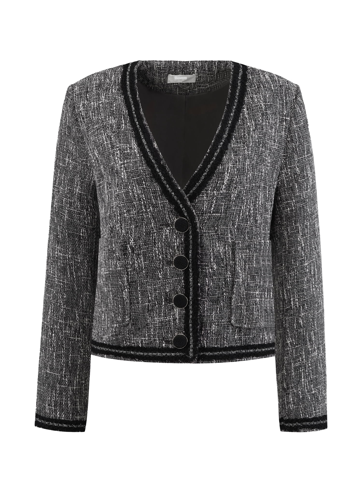 DARING DIVA Women's Tweed Jacket V Neck Collarless Casual Blazer L Dark Grey