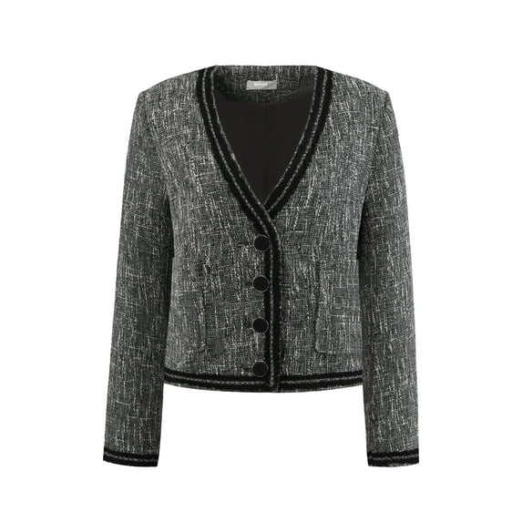 DARING DIVA Women's Tweed Jacket V Neck Collarless Casual Blazer L Dark Grey