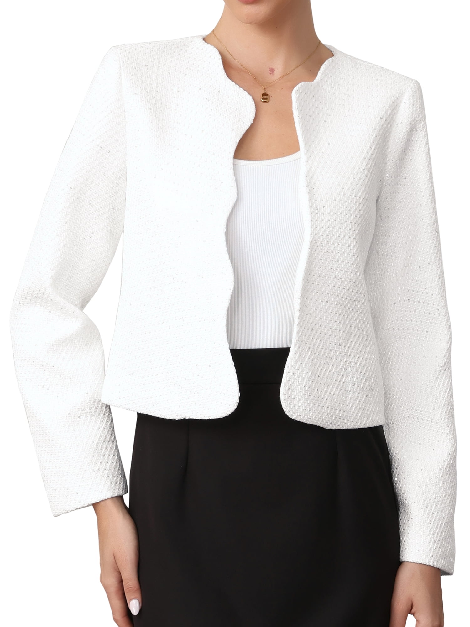 DARING DIVA Women's Tweed Long Sleeve Collarless Open Front Blazer XL White
