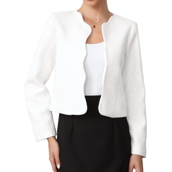 DARING DIVA Women's Tweed Long Sleeve Collarless Open Front Blazer XS White