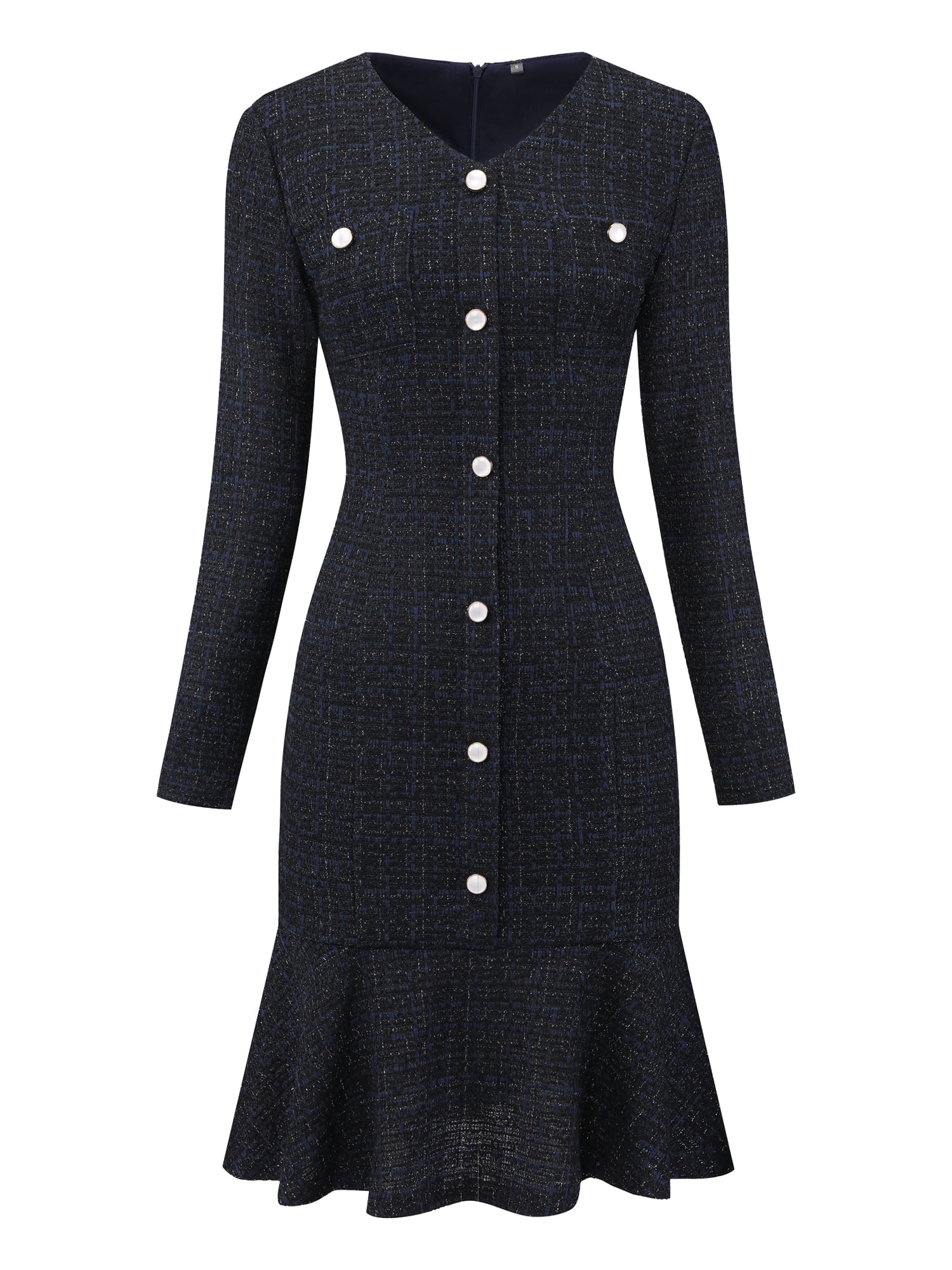 DARING DIVA Women's Tweed Long Sleeve Wedding Cocktail Bodycon Dress L Blue Black