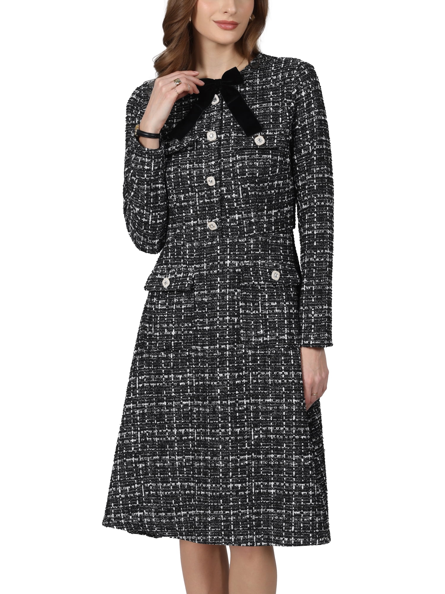 DARING DIVA Women's Tweed Long Sleeves Crew Neck A-Line Design Dress M Black