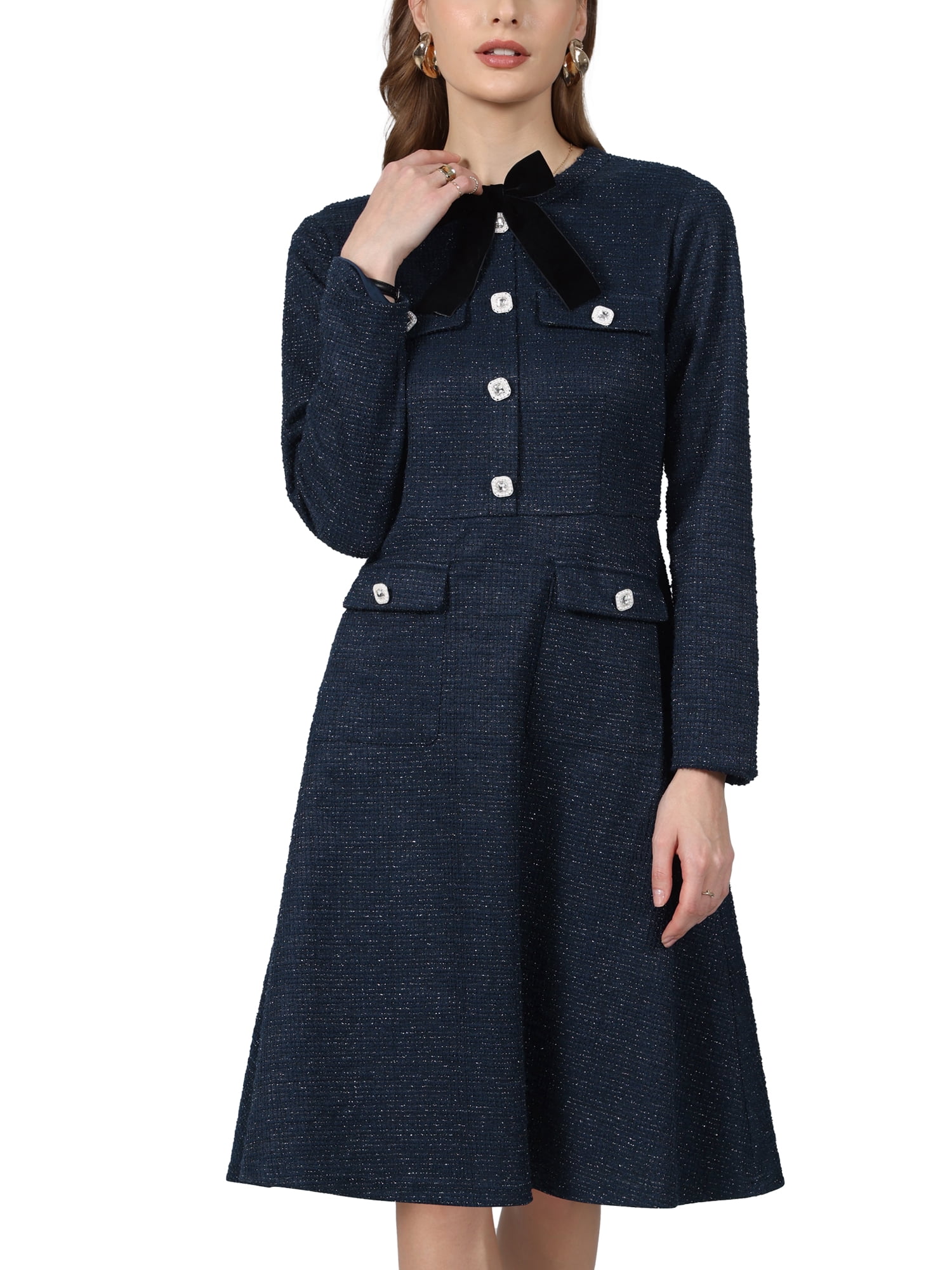DARING DIVA Women's Tweed Long Sleeves Crew Neck A-Line Design Dress S Navy Blue