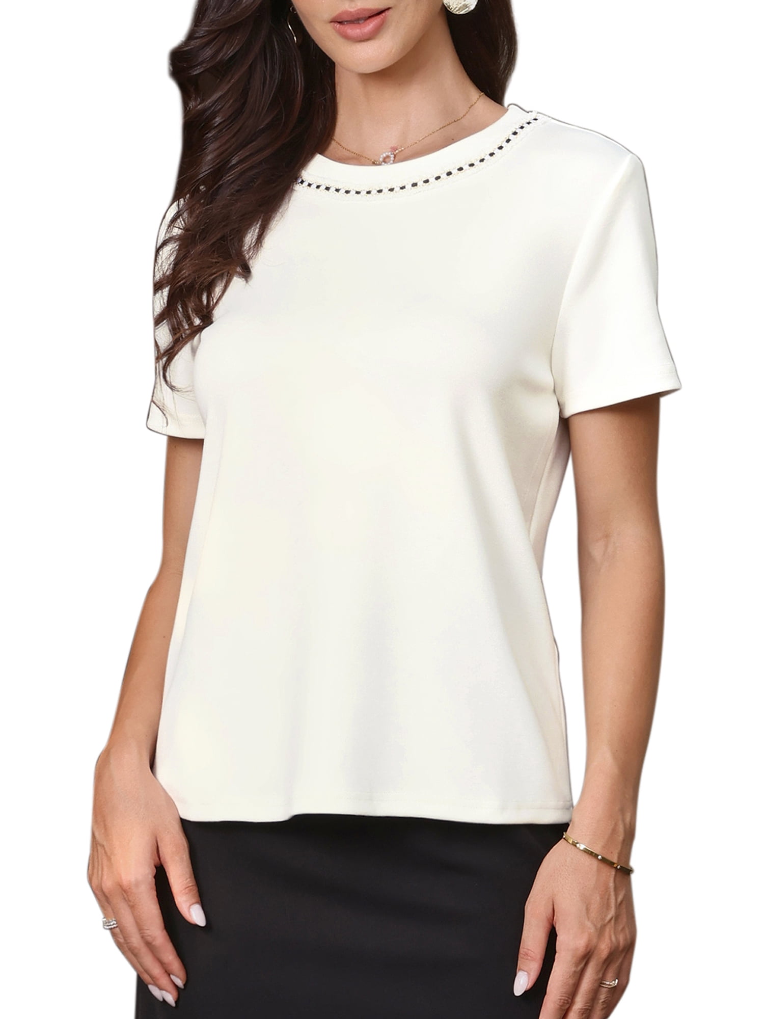 DARING DIVA Women's Tweed Neck Tops 2026 Short Sleeve Summer Elegant Blouse L White