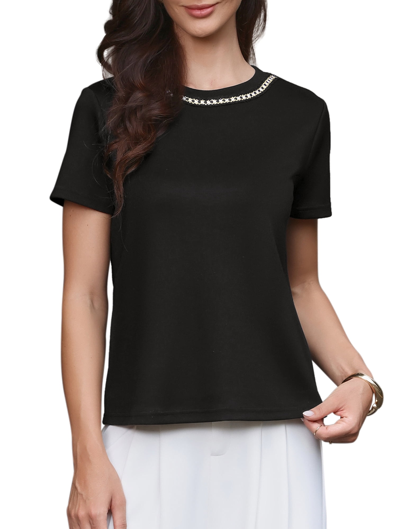 DARING DIVA Women's Tweed Neck Tops 2026 Short Sleeve Summer Elegant Blouse S Black