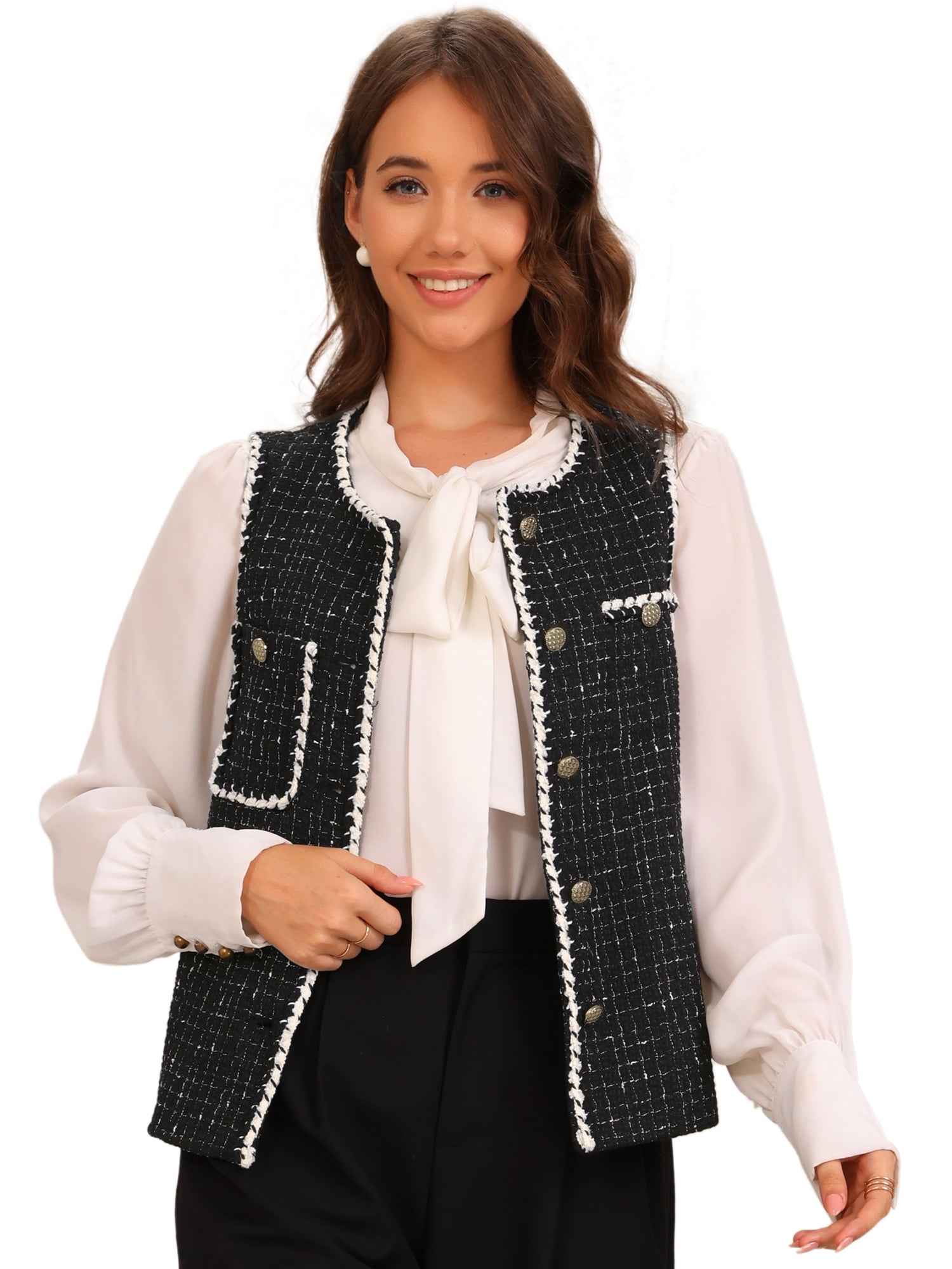 DARING DIVA Women's Tweed Plaid Round Neck Sleeveless Vintage Vests M Black