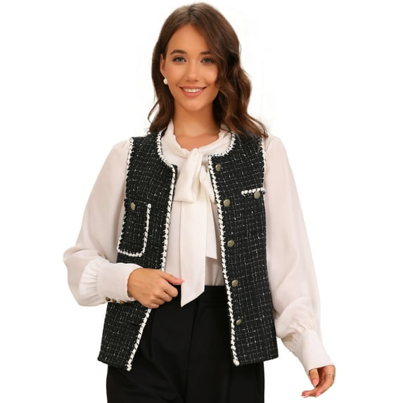 DARING DIVA Women's Tweed Plaid Round Neck Sleeveless Vintage Vests XS Black