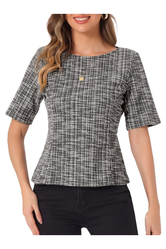 Women's Tweed Round Neck Pullover Work Office Blouses XL Black