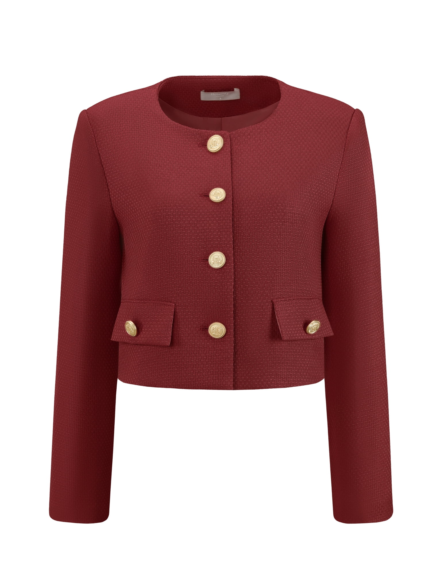 DARING DIVA Women's Tweed Short Jacket Collarless Office Cropped Blazer M Dark Red