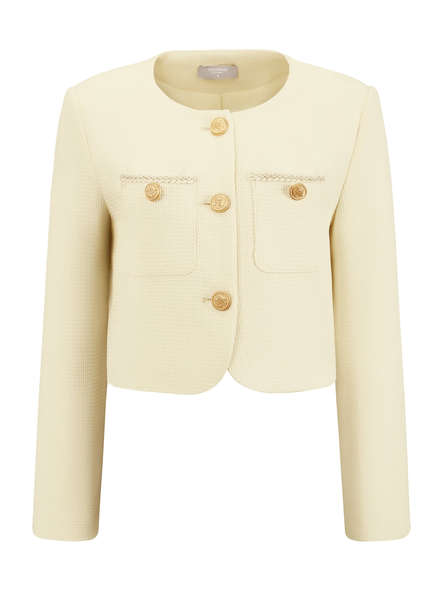DARING DIVA Women's Crew neck Button Down Long Sleeve Cropped Blazer 2XL Beige
