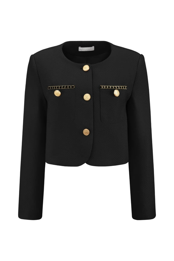 Women's Tweed Short Jacket Crewneck Cropped Blazer M Black