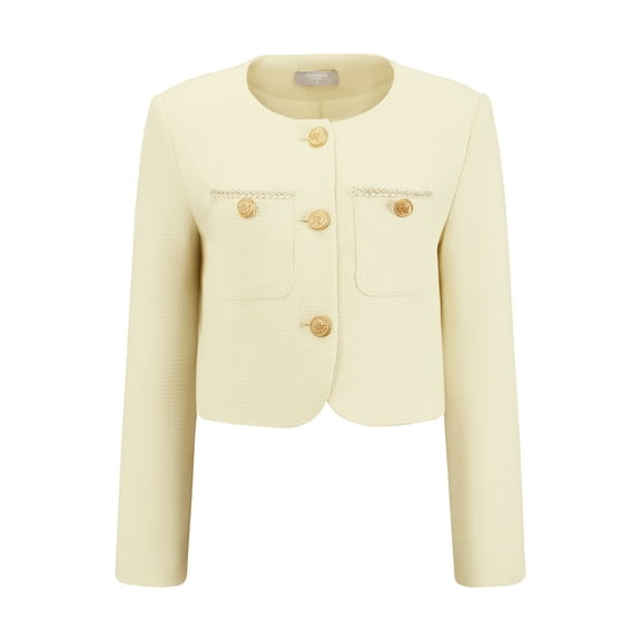 DARING DIVA Women's Tweed Short Jacket Crewneck Cropped Blazer S Beige